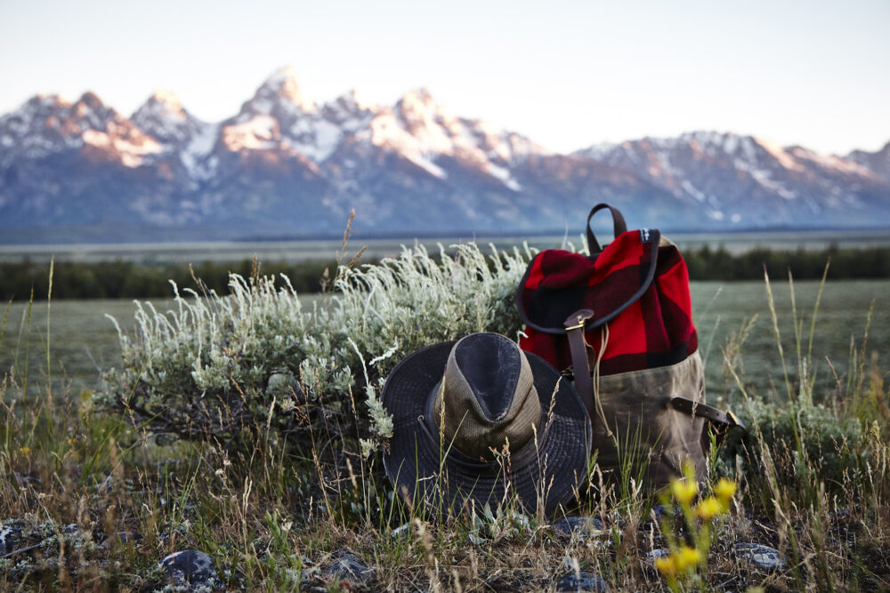 a backpack in a meadow with mountain range