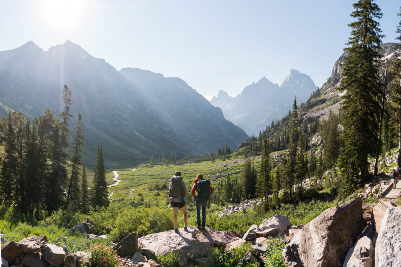 Two hikers looking into the valley in Yellowstone.